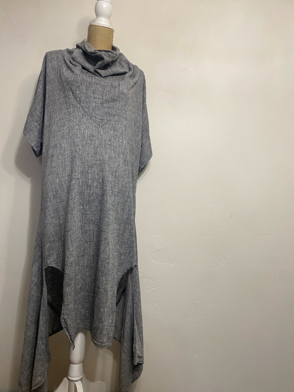 Metamorphoza Linen Dress with Draped Cowl Neck Heathered Gray and Black